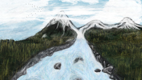 Snowy mountains with pine forest underneath