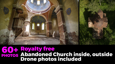 Abandoned church inside and outside. With green grass and bushes. Drone photos included.