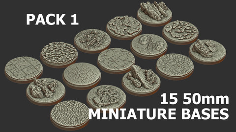 PACK 1 - 15 MINIATURE BASES 50mm 3D Print Ready -  .OBJ, .STL files