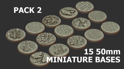 PACK 2 - 15 MINIATURE BASES 50mm 3D Print Ready -  .OBJ, .STL files