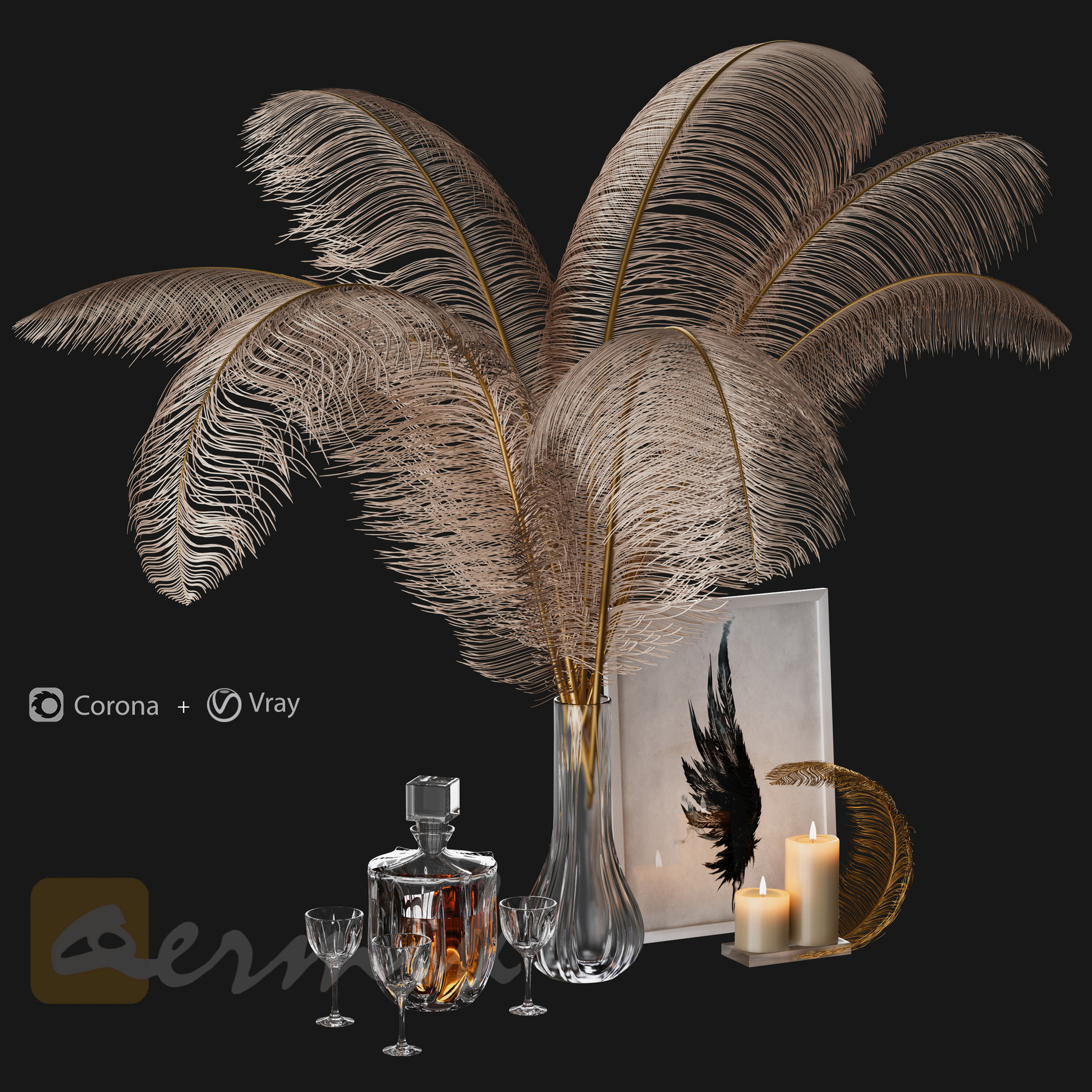 Decorative Feathers Vase, Ostrich Feathers