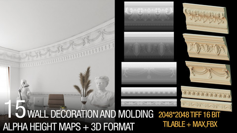 15 wall molding alphas + 3d formats(MAX,FBX)