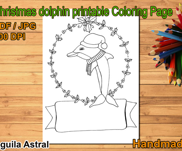 ArtStation - Christmas dolphin printable coloring page, digital stamp ...