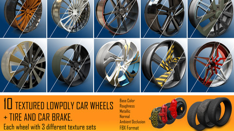 10 Lowpoly Car Wheels + Car Brake & Tire