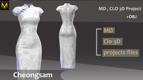 Asian traditional cheongsam. Clo3d, Marvelous Designer Project + FBX + OBJ