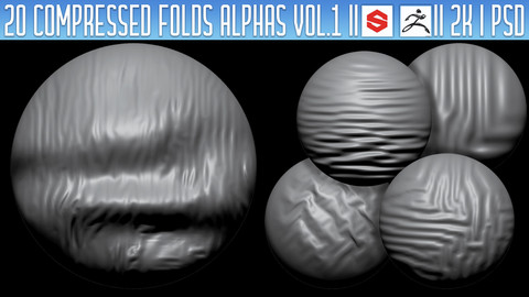 20 Compressed Folds Alphas Vol.1 (ZBRush, Substance, 2K, PSD)
