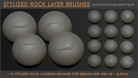 Stylized Rock Layering Brushes - 24 Brushes for Zbrush 2019 and + Alphas