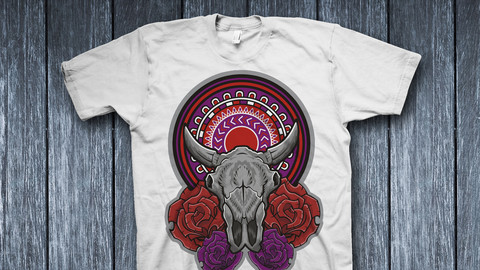 Bull skull with flowers. Illustration for use as print, poster, sticker, logo, tattoo, emblem and other.