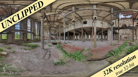 Abandoned Factory, 360x180 HDRI, UNCLIPPED, 32K resolution (2K version for free), true 32-bit uncompressed openEXR