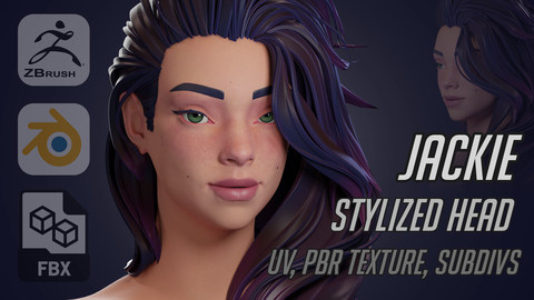 Jackie - girl stylized head (Zbrush, blender, fbx, obj)