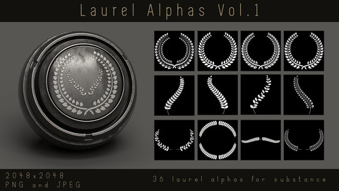 Laurel Alphas - 36 Leaf Wreath Ornament Alpha pack for Substance and zbrush, PNG, JPEG