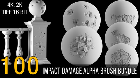 100 damage alpha brush bundle (impact) 4k, 2k tiff 16 bit