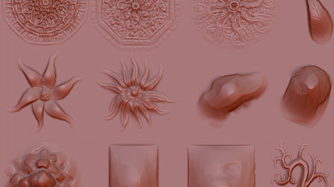 various zbrush brushes for 2d sculpted tiles or floral patterns