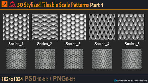 50 Stylized Tileable Displacement/Alpha Scale Patterns Part 1