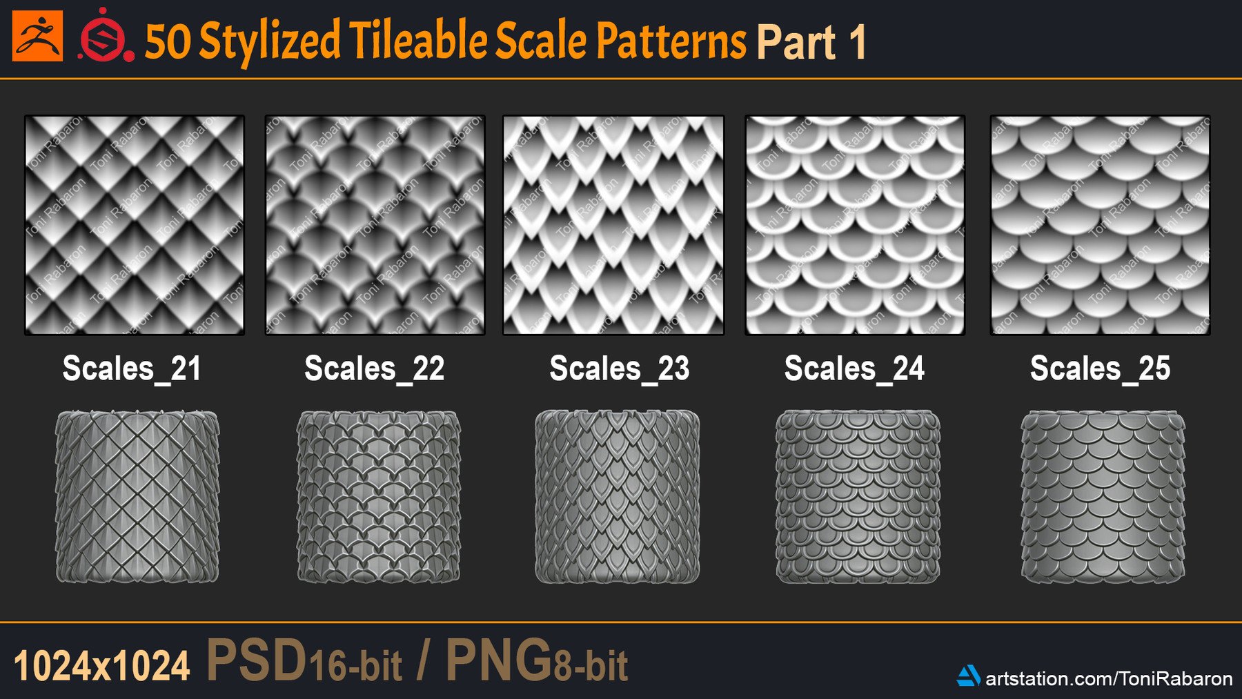 ArtStation - 50 Stylized Tileable Displacement/Alpha Scale Patterns ...