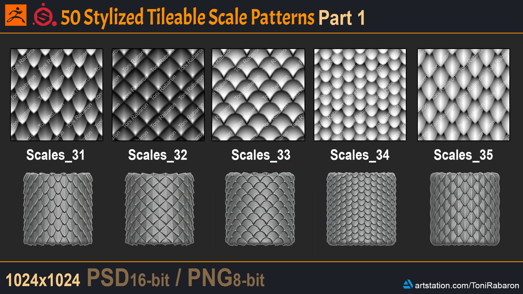 ArtStation - 50 Stylized Tileable Displacement/Alpha Scale Patterns ...