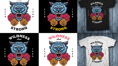 Wolf with roses artwork. Illustration for use as print, poster, sticker, logo, tattoo, emblem and other.