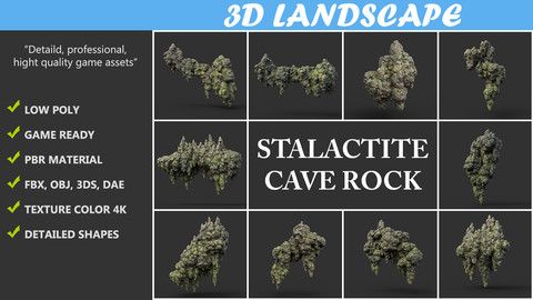 Low poly Mossy Stalactite Cave Rock Modular Pack 200215
