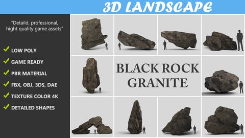 Low poly Black Granite Rock Formation Pack 200207