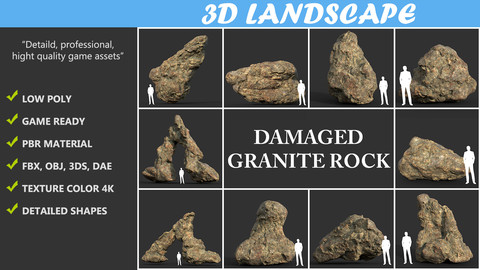 Low poly Damaged Granite Rock Pack A 200101