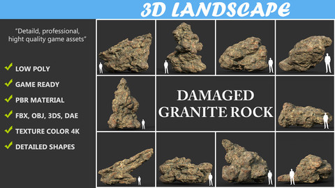 Low poly Damaged Granite Rock Pack B 200101