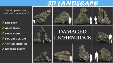 Low poly Damaged Lichen Rock Pack A 190425