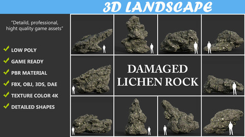 Low poly Damaged Lichen Rock Pack B 190425