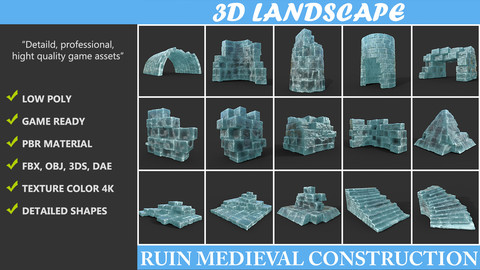 Low poly Frozen Ice Ruin Medieval Construction Pack 190423