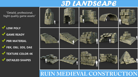 Low poly Mossy Ruin Medieval Construction Pack 190423