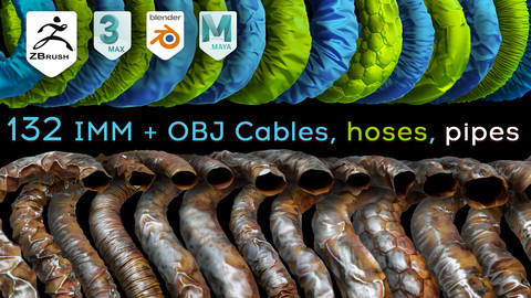 132 Zbrush Cables, hoses, pipes Brushes IMM curve and OBJ Meshes