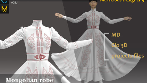 White Long Dress_Mongolian Robe/Dress_Clo3d, Marvelous designer.