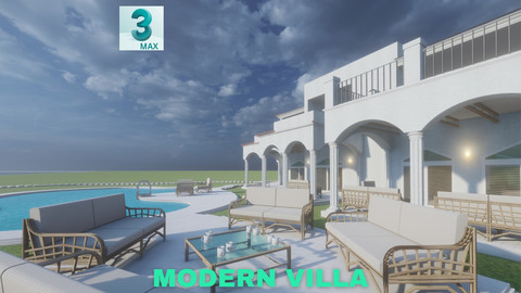 Modern Villa with Private Pool on Beachfront Scene - 3DS MAX - Low Poly