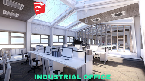 Industrial Office on Attic with Skylights Scene - SketchUp - Low Poly