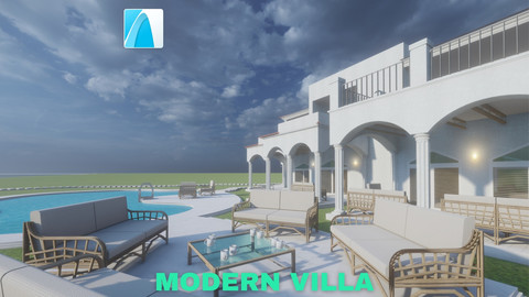 Modern Villa with Private Pool on Beachfront Scene - Archicad - Low Poly