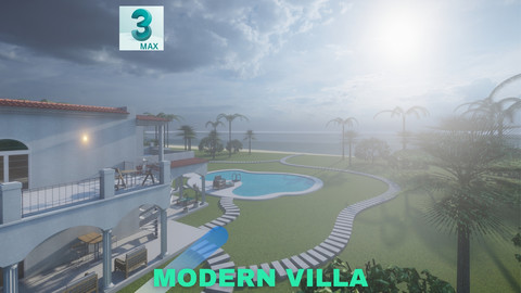 Modern Villa with Private Pool on Beachfront Scene - 3DS MAX