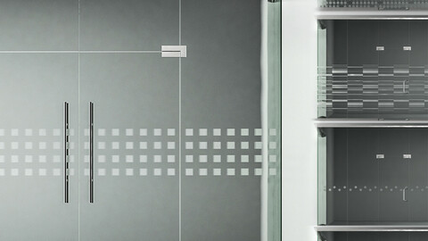 A set of glass partitions with sandblasted images