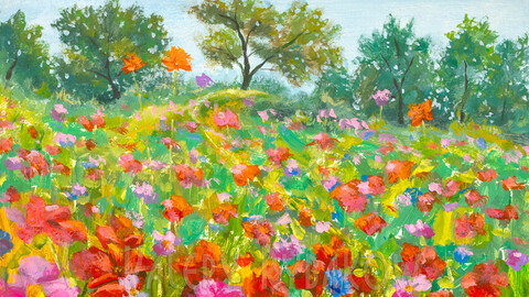 Big red red poppies field, pink wildflowers in green grass