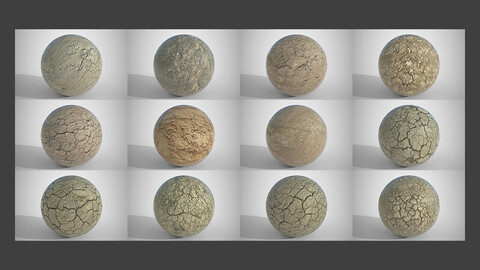 Set of 12 Various Dry Cracked Soil Textures PBR Volume 2