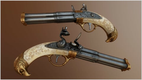 Flintlock Pistol Three Barrel - Game asset