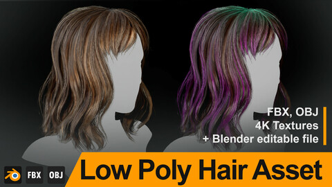 Low Poly Female Hair "Style F03" - FBX/OBJ + Blender source file, 4K Textures