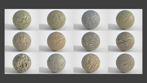 Set of 12 Various Dry Cracked Soil Textures PBR Volume 3