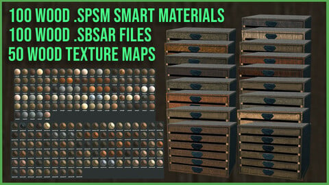 100 Wood .Spsm Smart Material + 100 Wood .Sbsar Files + 50 Wood Texture Maps