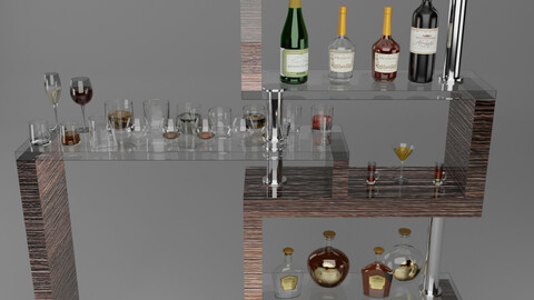 High poly set bottles with glasses