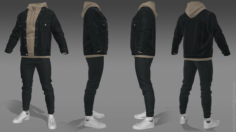 Mens - Denim Jacket + Hoodie + Jeans