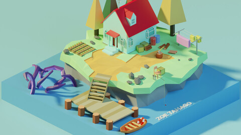 Isometric Low Poly House on an Island by Zoe Tamago