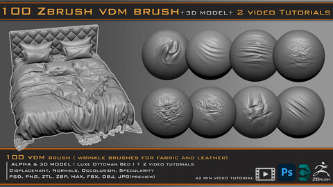 100 VDM Brushes , Wrinkle Brushes + 3D model & 2 Video Tutorials