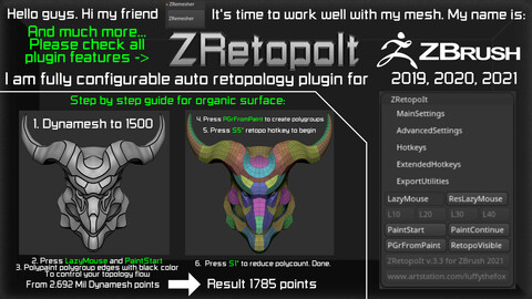 Auto retopology plugin for ZBrush 2021.6.2, 2020, 2019.1.2 - ZRetopoIt