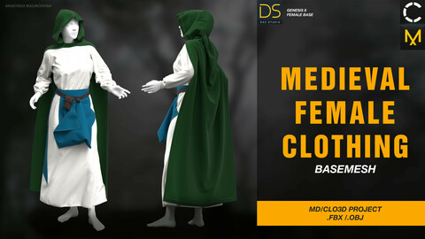 Medieval female clothing. Clo3d, Marvelous Designer Project + FBX + OBJ