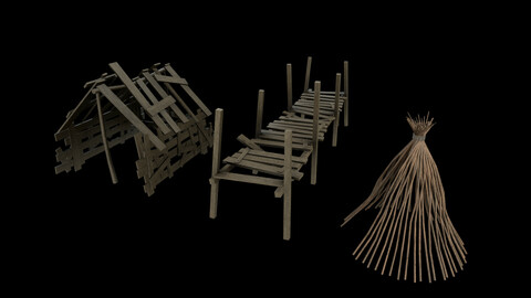 Asset of wooden decorations in low poly Low-poly