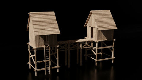 Wooden Medieval Huts with Bridge